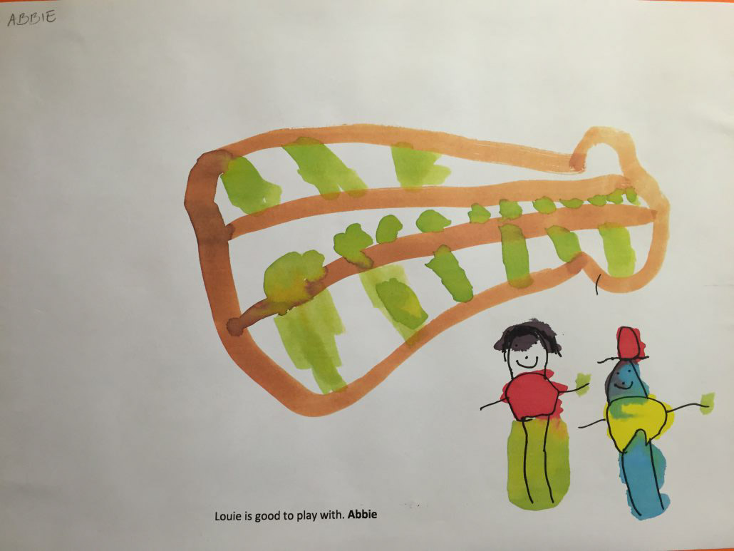 Child's drawing "Louis is good to play with. By Abby"