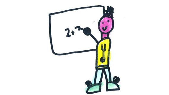 kids drawing of teacher writing maths sum on whiteboard