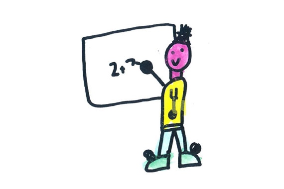 kids drawing of teacher writing maths sum on whiteboard