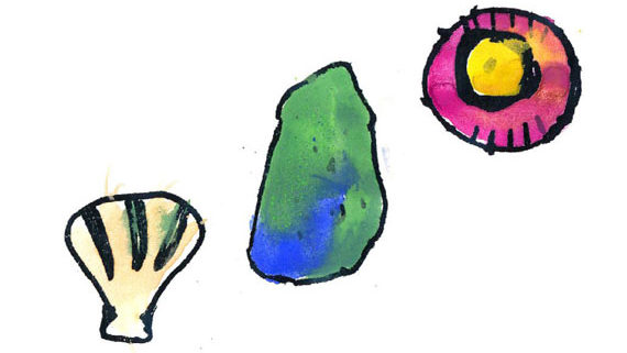 kids drawing of sea shells and rocks