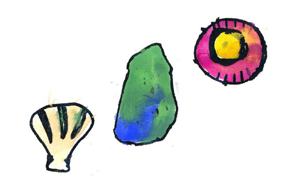 kids drawing of sea shells and rocks