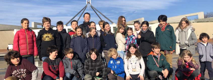 students outside Parliament House in Canberra